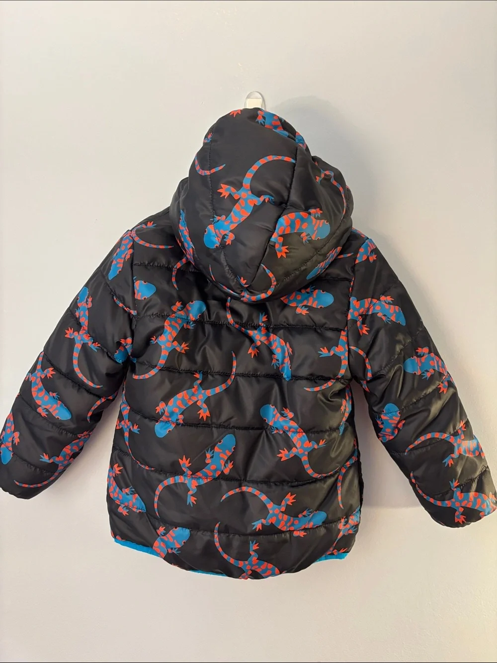 Epic Threads Black Puffer Jacket with Blue & Red Lizard Print